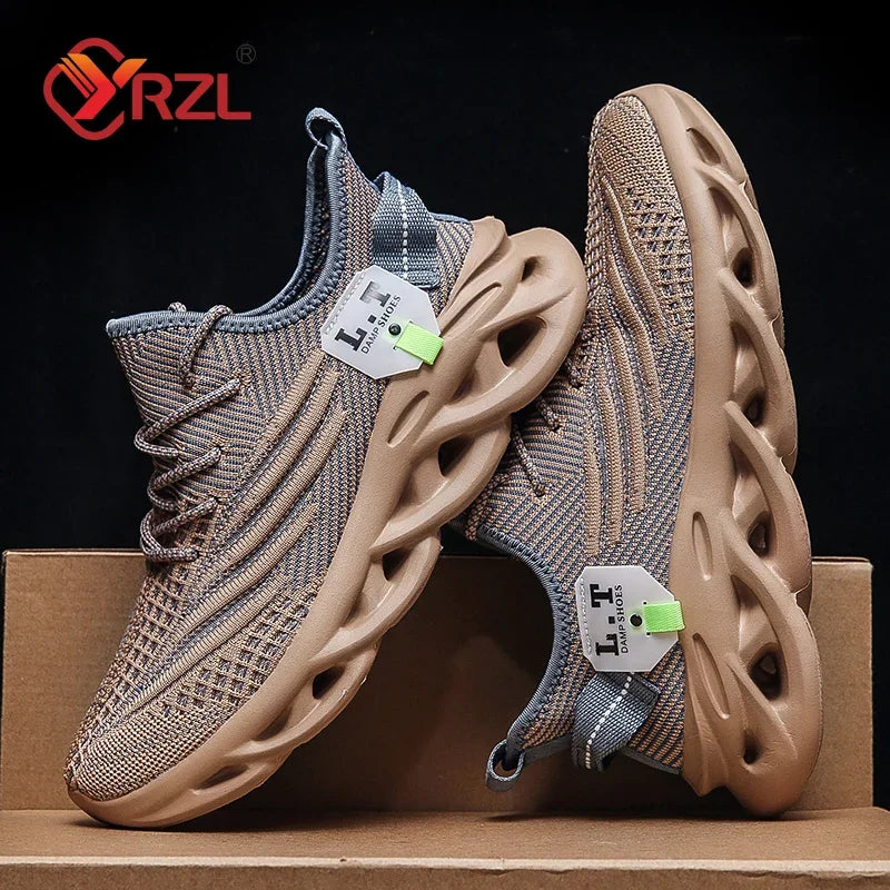 Brown sneakers with unique sole design on a cardboard box against a dark background.