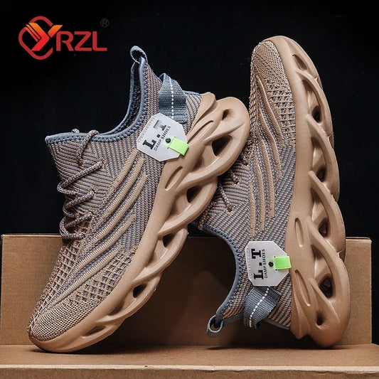 Brown sneakers with unique sole design on a cardboard box against a dark background.
