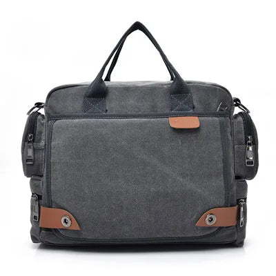 Gray backpack with brown accents on a white background