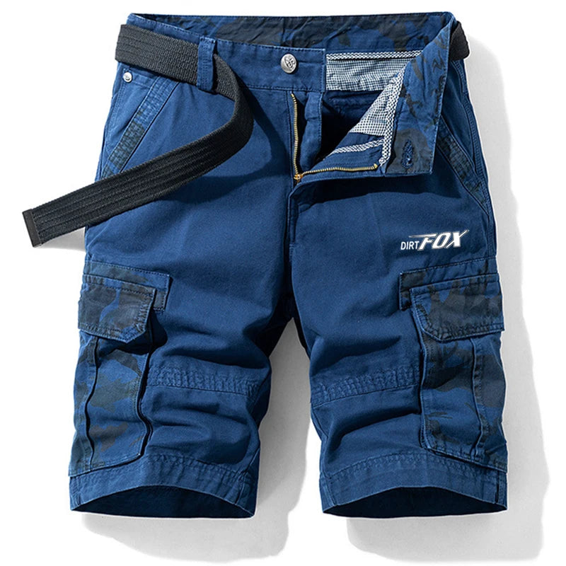 Blue cargo shorts with a visible brand logo on a white background