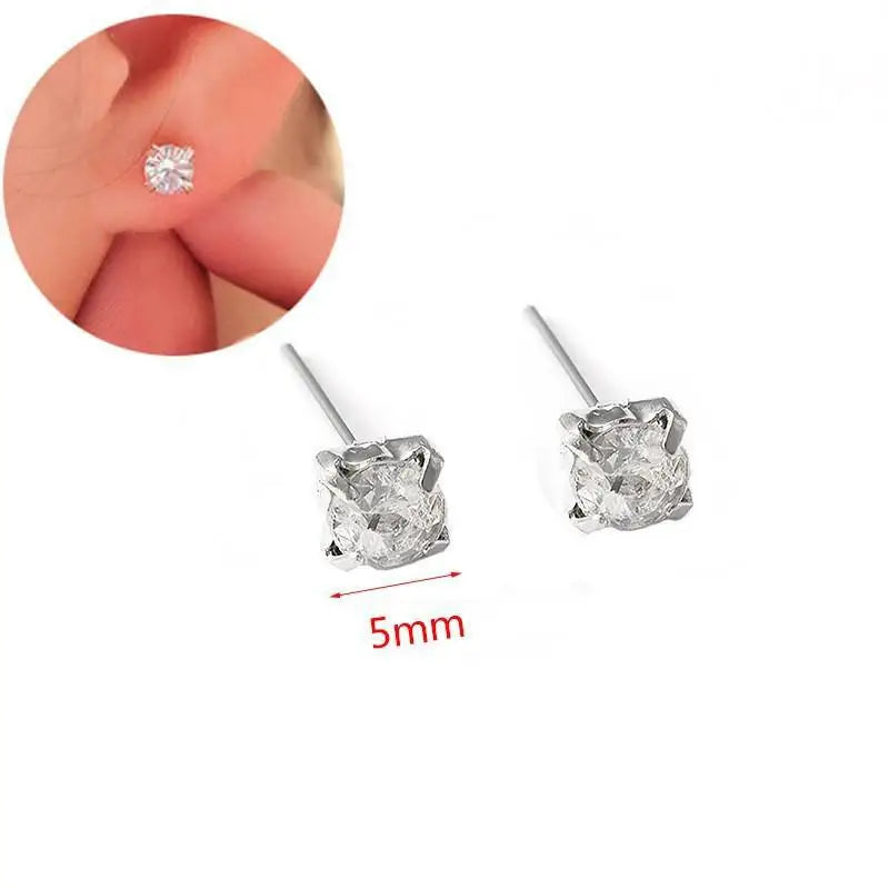 Diamond stud earrings with a close-up inset showing the size on skin.