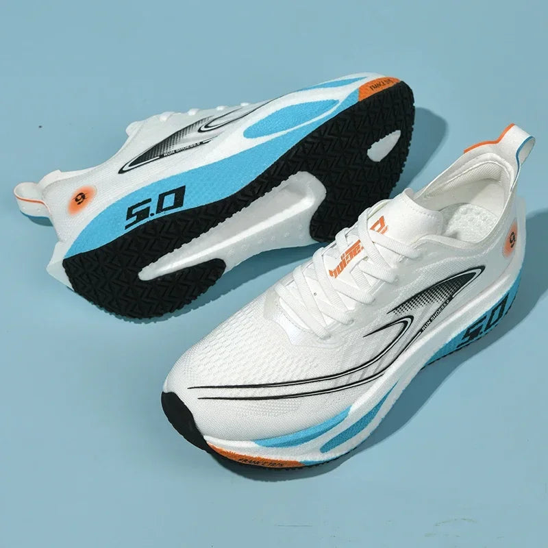 White running shoes with blue and black accents on a light blue background