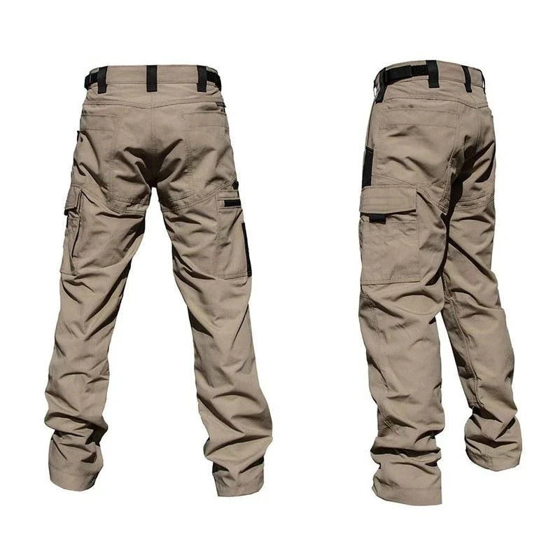Beige tactical pants shown from front and back on a white background