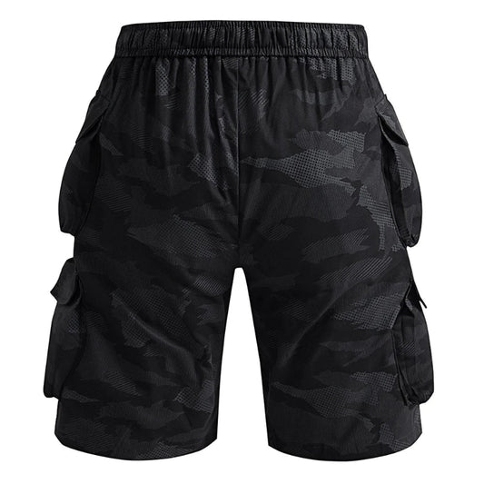 Black camouflage cargo shorts on a white background