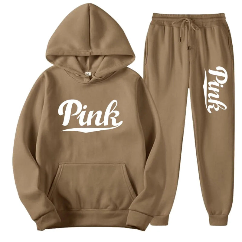 Brown hoodie and jogger set with 'Pink' text on a white background
