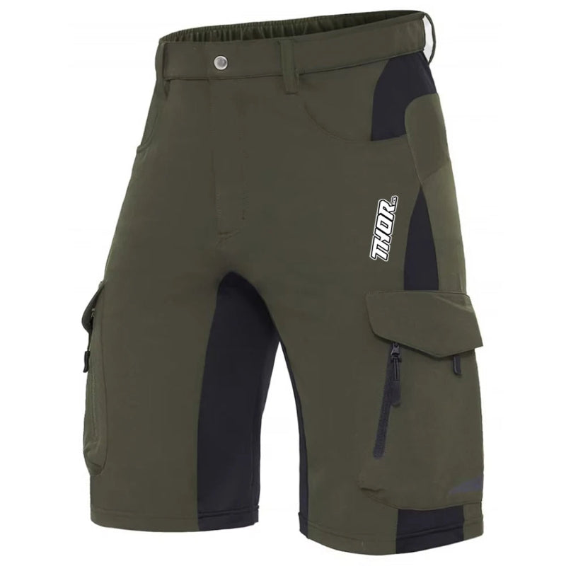 Green and black shorts with a brand logo on a white background