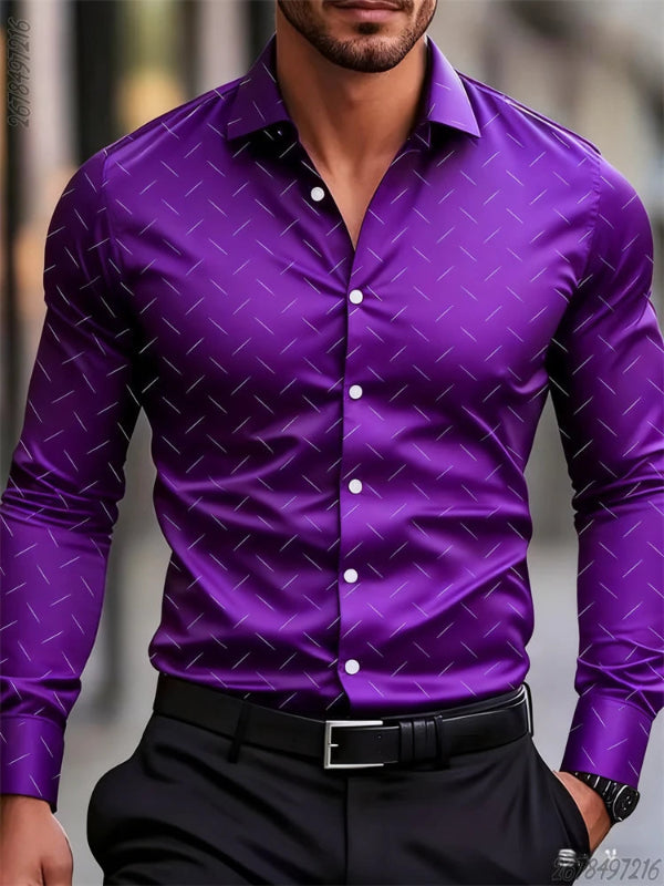 Man wearing a purple patterned shirt with a blurred background