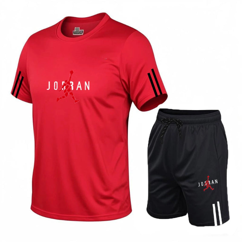 Red t-shirt and black shorts with Jordan logo on a white background