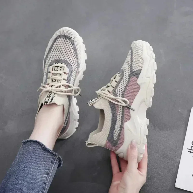 Step up in style with 2024’s hottest mesh sneakers! Lightweight, bold & breathable. Shop now for trendy comfort with a thick sole & Korean street flair brown and beige