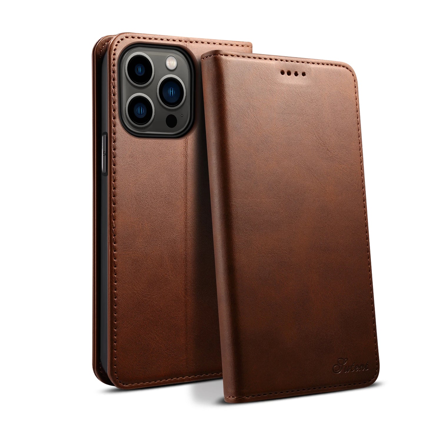 Brown leather phone case with a phone inside on a white background