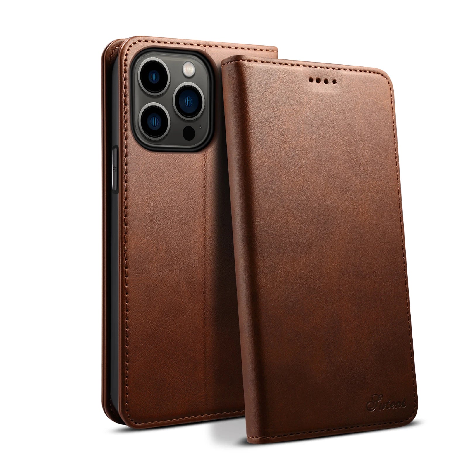 Brown leather phone case with a phone inside on a white background