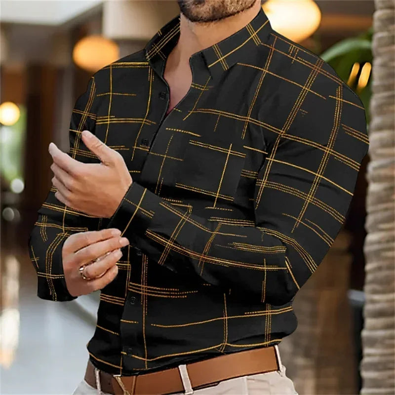 Man wearing a black and gold checkered shirt with blurred background