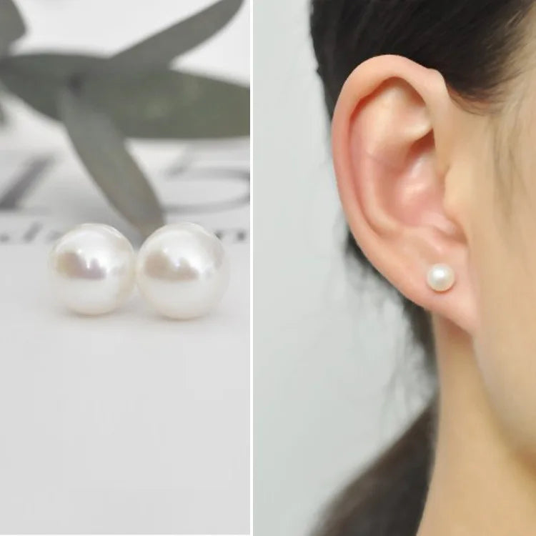 Pearl earrings shown on an ear and in a close-up against a neutral background