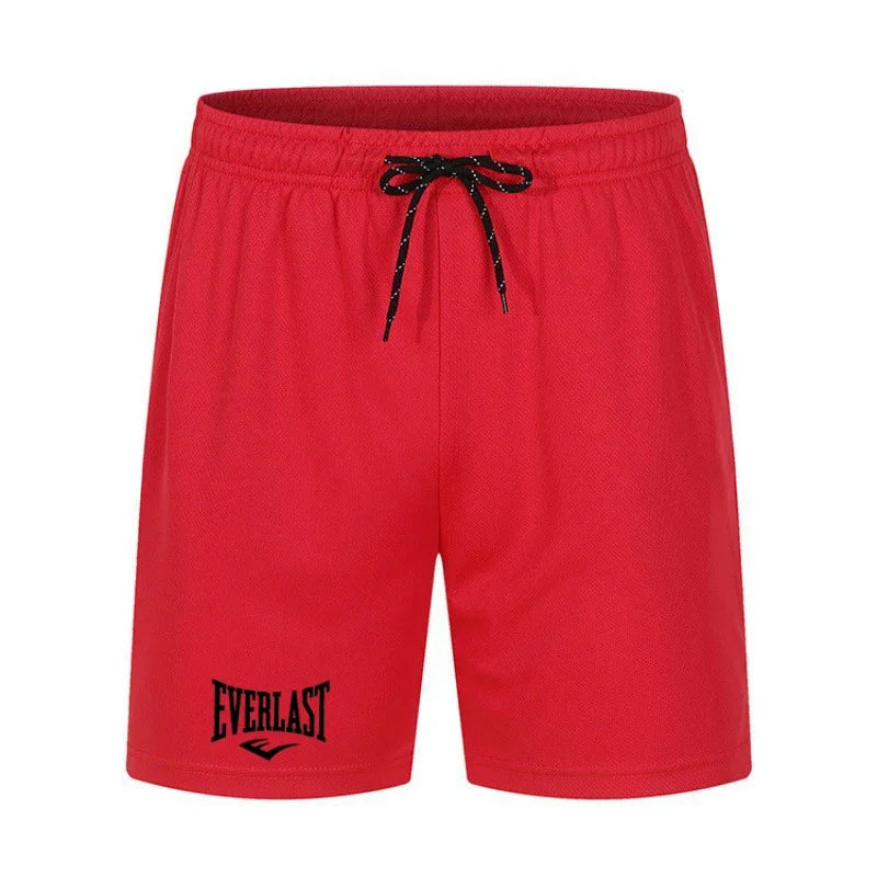 Red shorts with a black drawstring and Everlast logo on a white background