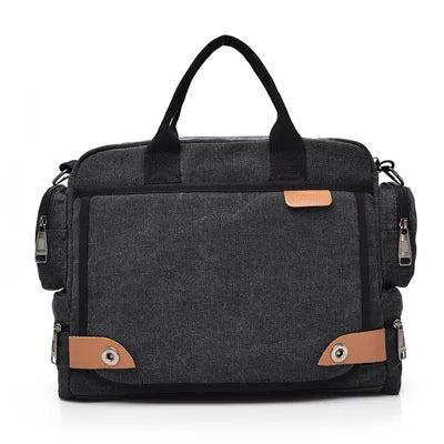 Dark gray backpack with brown accents on a white background