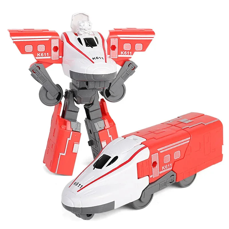 Transforming toy robot with red and white design on a white background