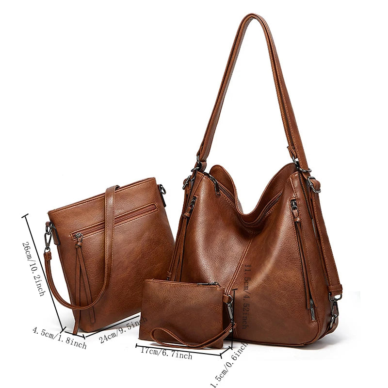Brown leather handbag with matching wallet and measurements on a white background