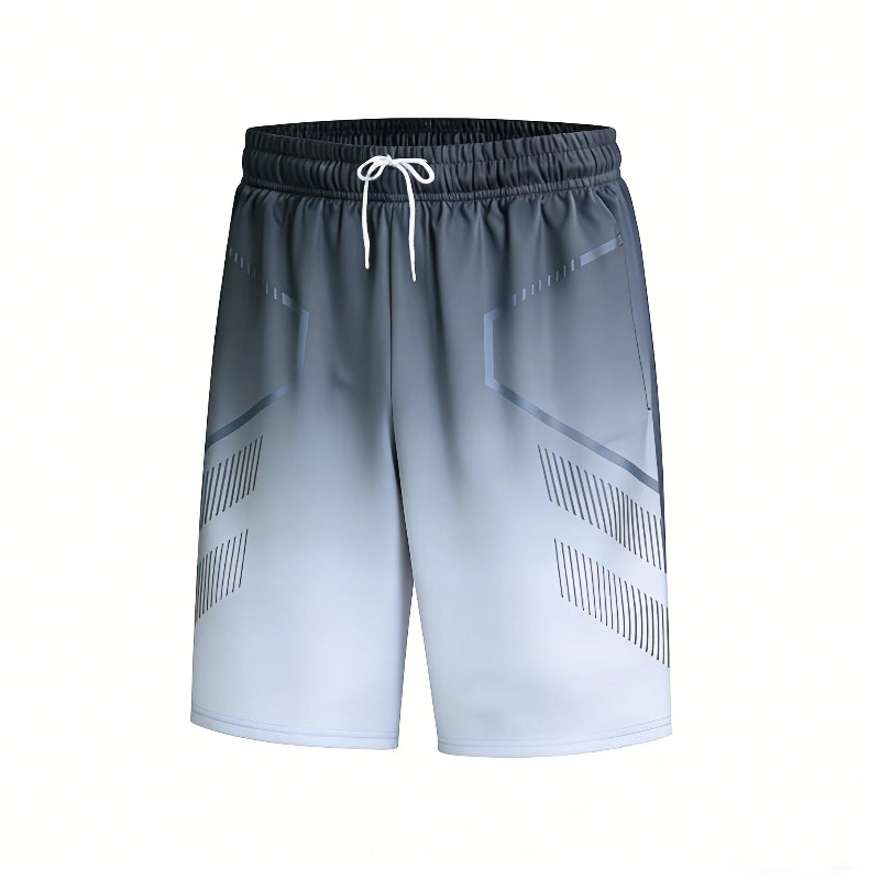 Gray athletic shorts with a gradient design on a white background