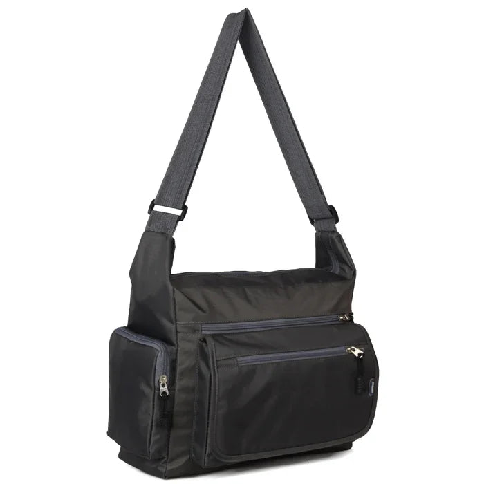 Black shoulder bag with multiple pockets and zippers on a white background