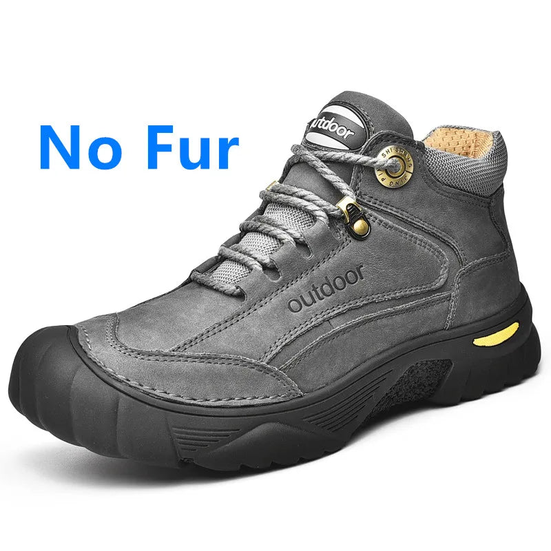 Gray outdoor boot with 'No Fur' text on a white background