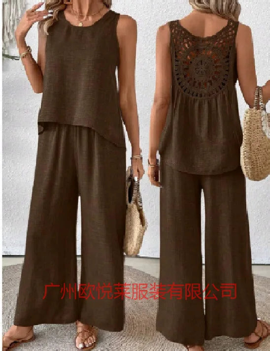 Brown sleeveless top and wide-leg pants with a textured back design, held by a person.