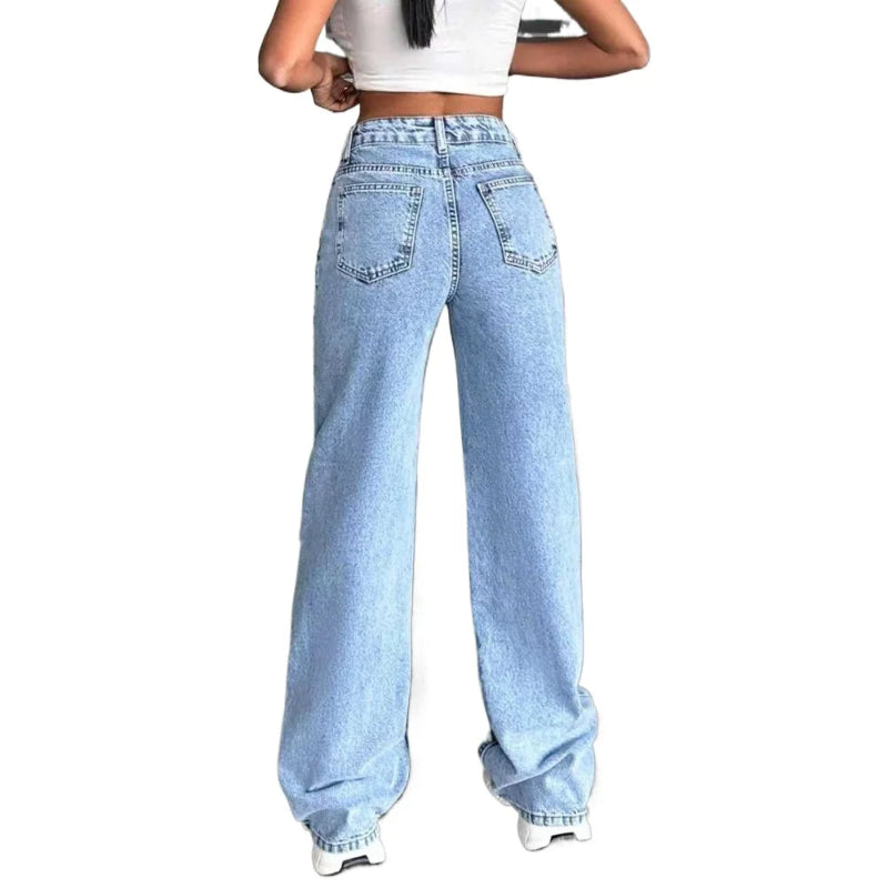 Light blue jeans worn by a person on a white background