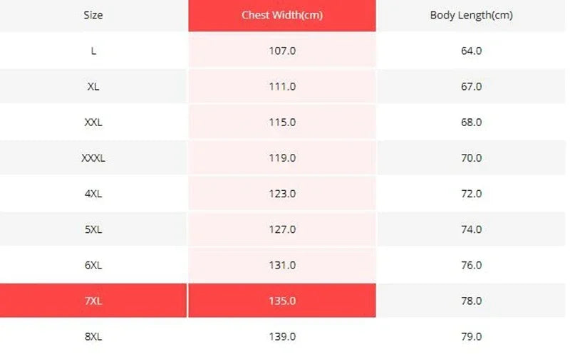 Size chart for clothing with chest width and body length measurements.