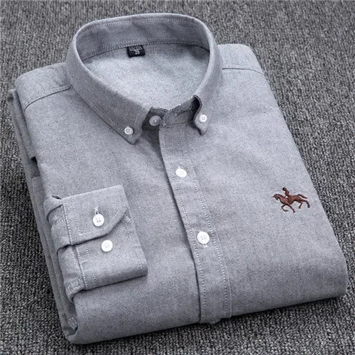 Men’s Oxford Cotton Shirt – Long Sleeve Embroidered Horse Design
