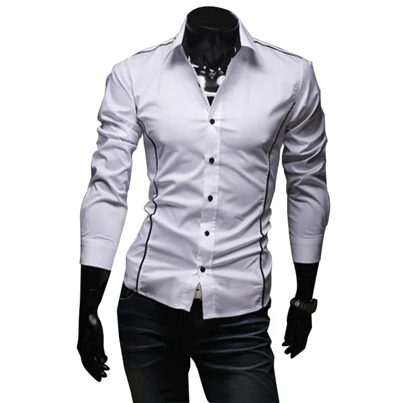 Men’s Slim White Striped Shirt – Long Sleeve Business Casual Top