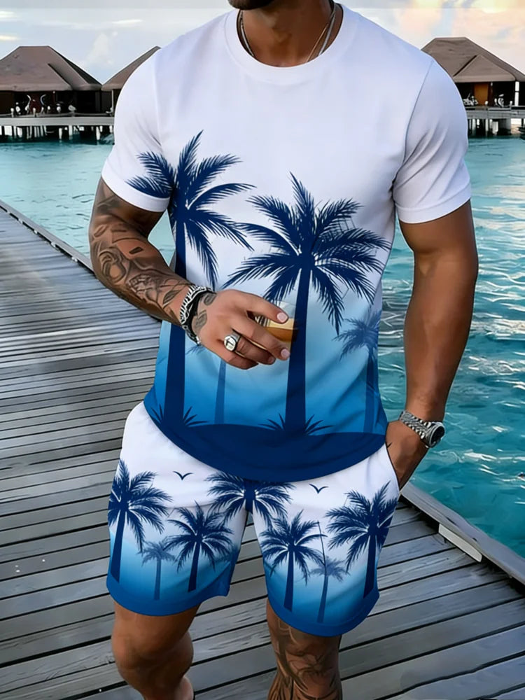 Popular Coconut Tree Printed T-shirt Sets Hawaii Style Tee Shorts Outfits Summer Vacation Two-piece Sets Hot Sell Men's Clothing