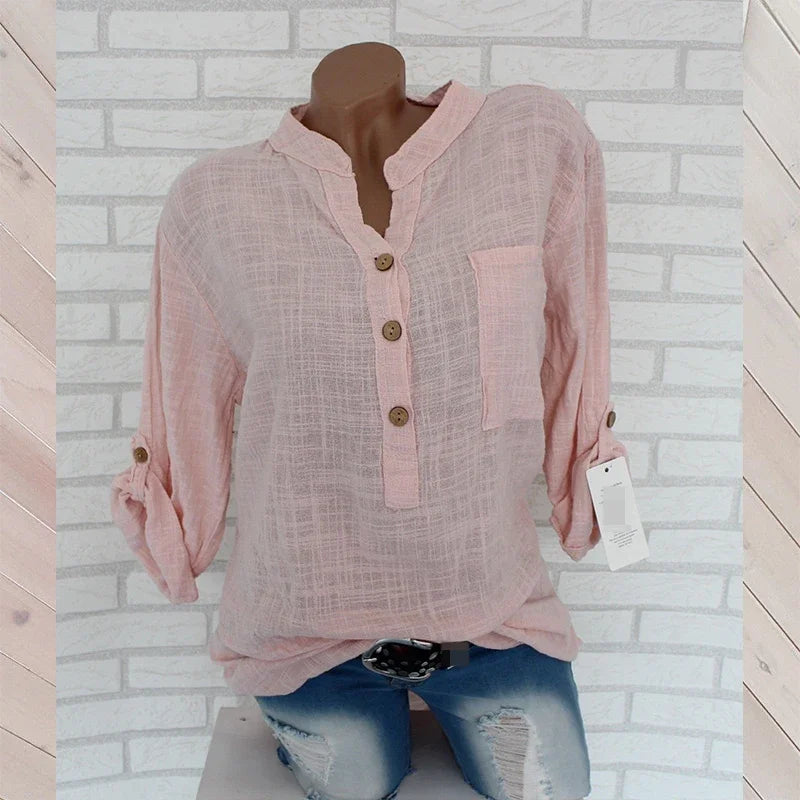 Women Blouses Cotton Linen Blouse Autumn Shirts Casual Long Sleeve Button V Neck Loose Shirt Lady Tops Tailor-made T-Shirts
