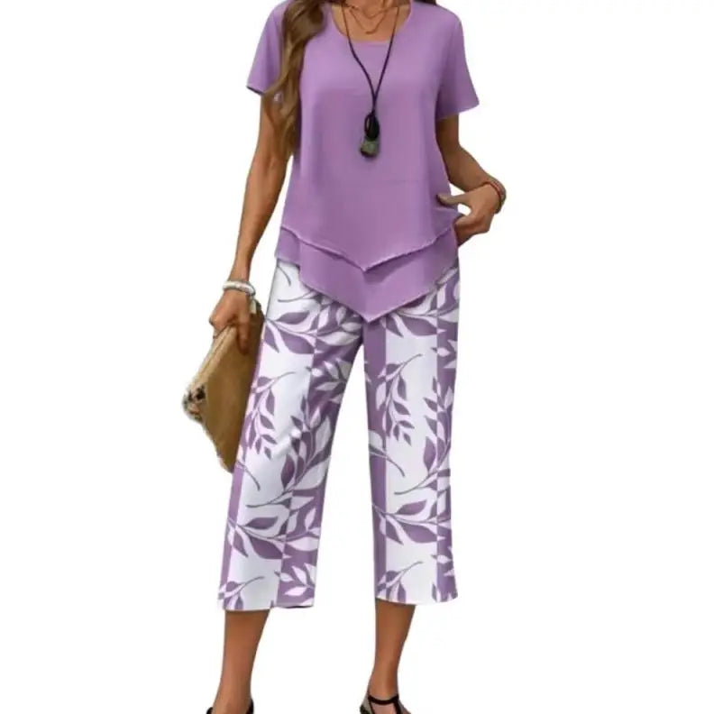 Women’s casual 2-piece summer set layered T-shirt and leaf print cropped pants purpel 02