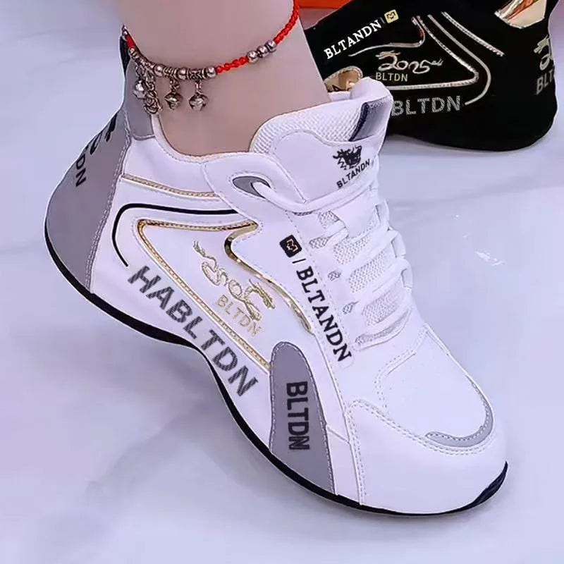 White high-top sneaker with branding on a light gray background