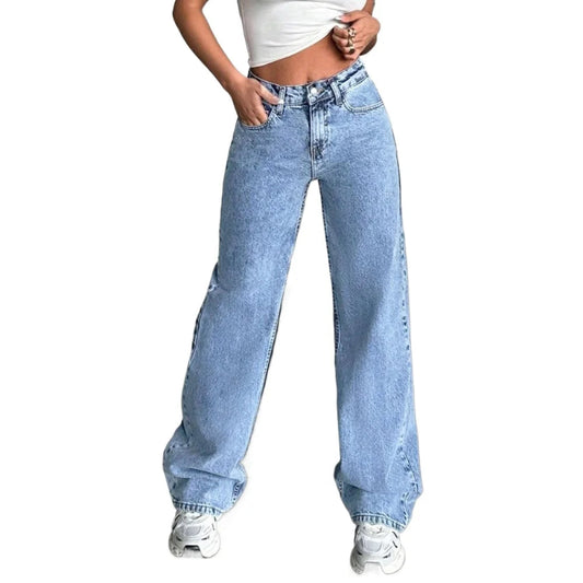 Light blue jeans worn by a person on a white background