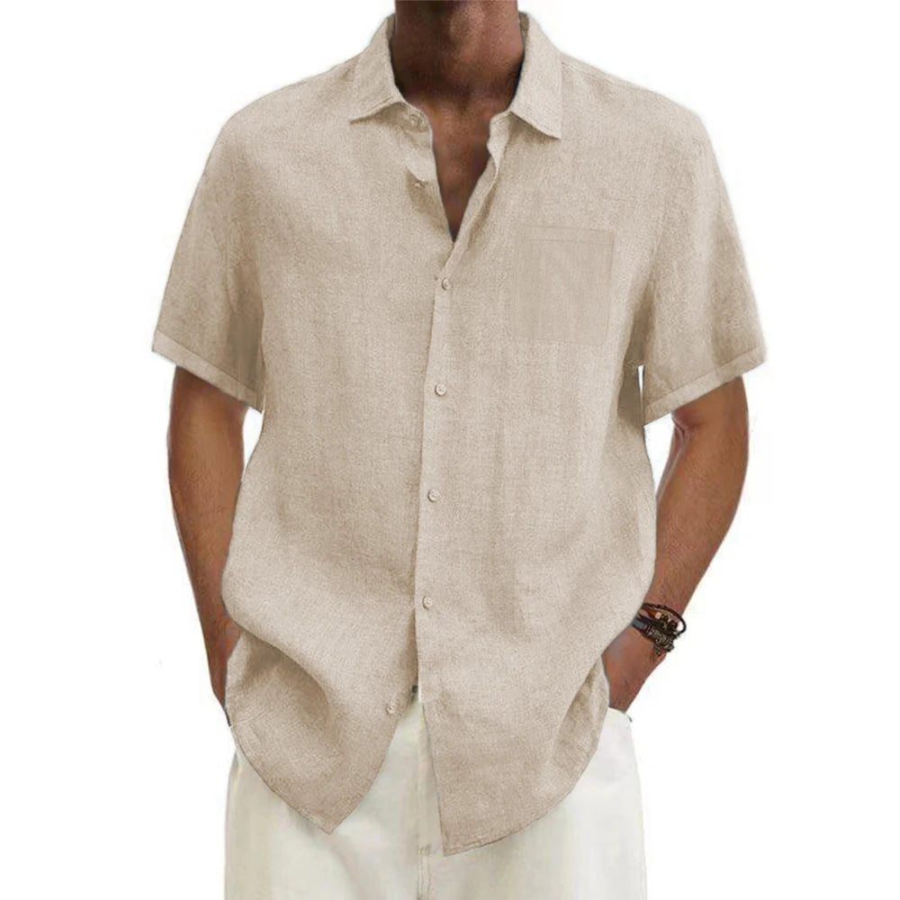 Men’s cotton linen short-sleeve shirt with turn-down collar in solid color, casual beach style, plus size available, lightweight summer top.  -002