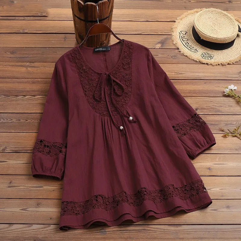 Women’s cotton linen lace blouse loose fit three-quarter sleeve summer top w 002