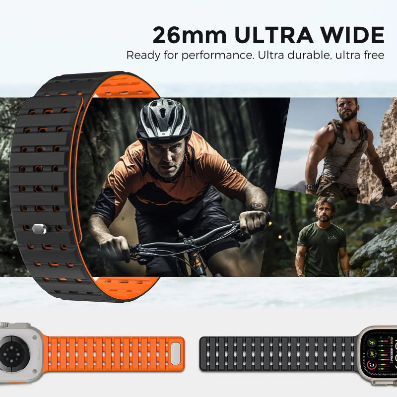 Orange and black wristband with people engaging in outdoor activities.