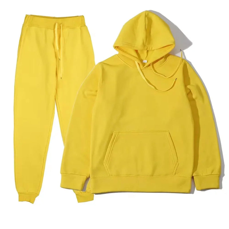 Unisex solid color fleece hoodie and pants two‑piece sports set for autumn and winter yellow2