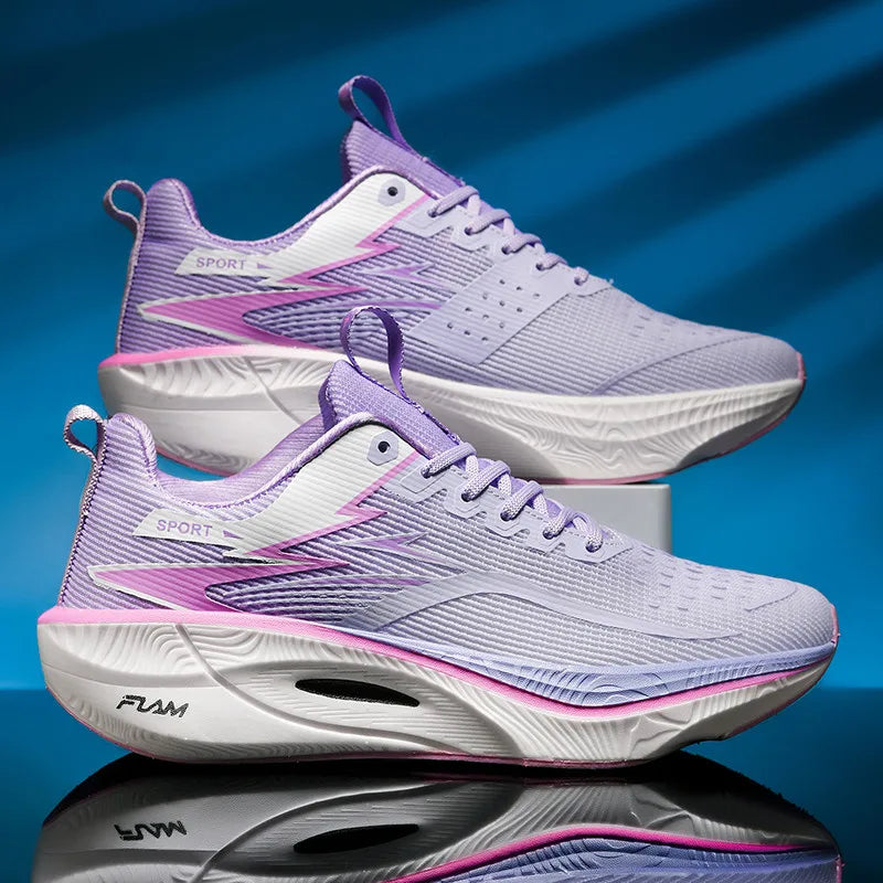 Pair of purple and white running shoes on a blue gradient background