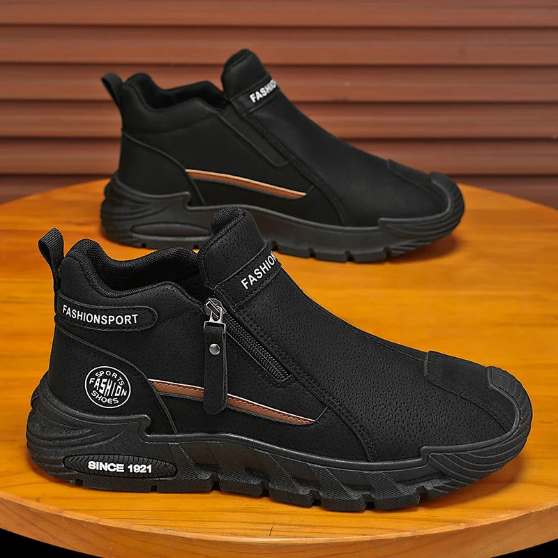 Black ankle boots with a zipper on a wooden surface, branded 'Fashionsport'.