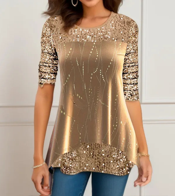 Gold sequin top worn by a person against a neutral background