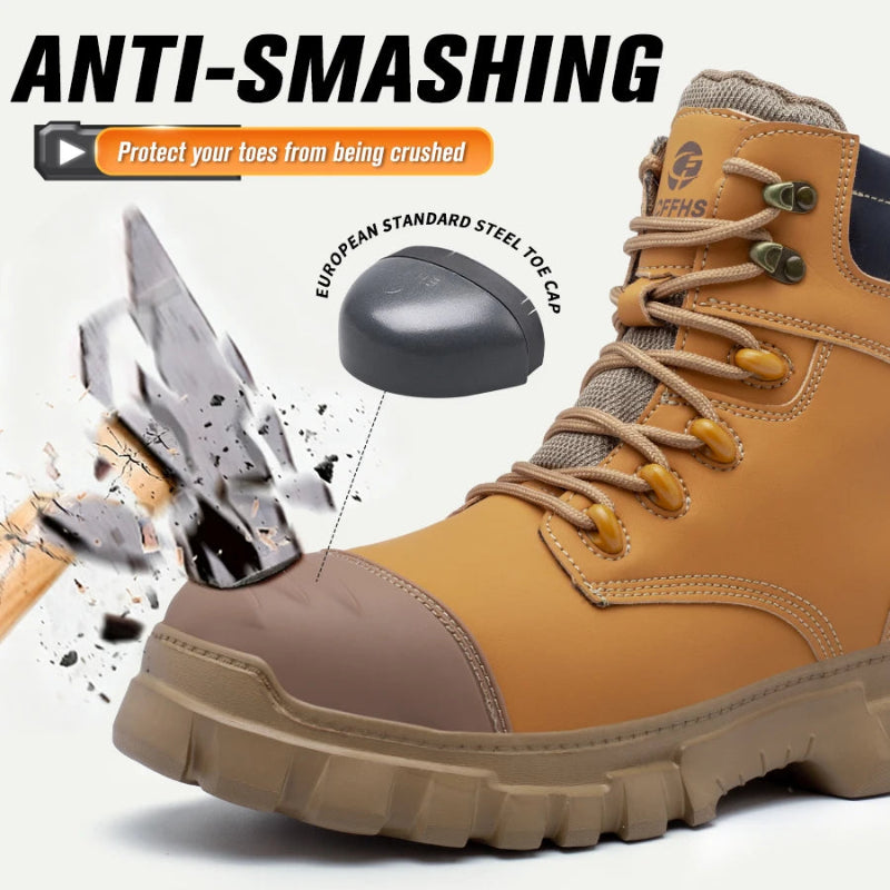 Safety boot with steel toe cap and anti-smashing feature, showing a knife being stopped by the boot.