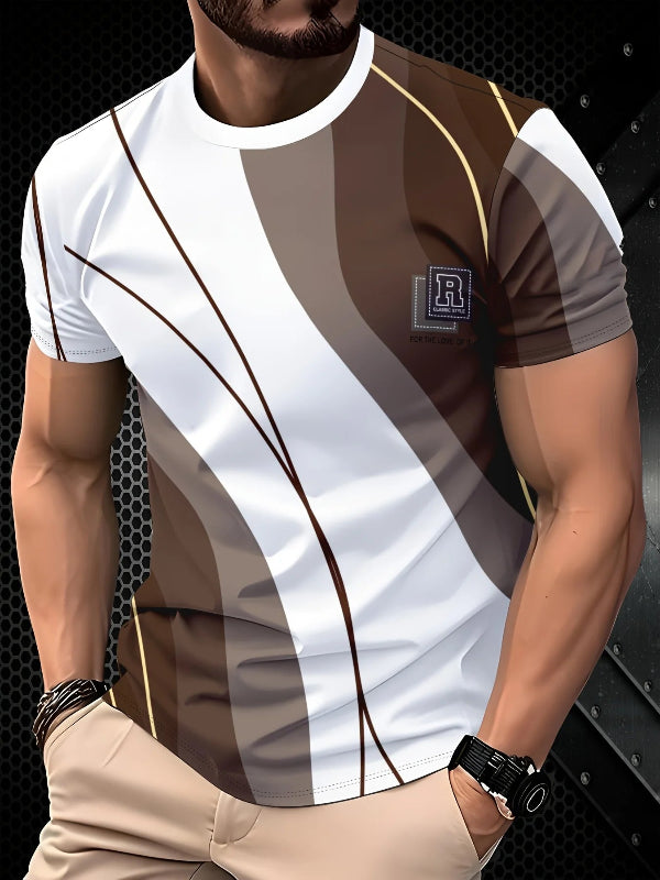 Man wearing a white and brown patterned t-shirt with a brand logo on a dark background