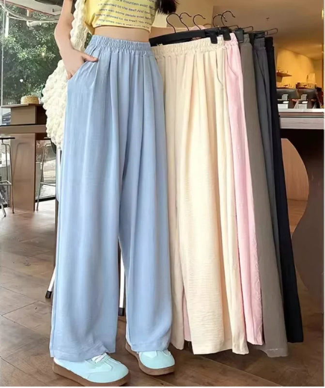Women’s ankle‑length ice silk wide‑leg pants with elastic waist in solid color