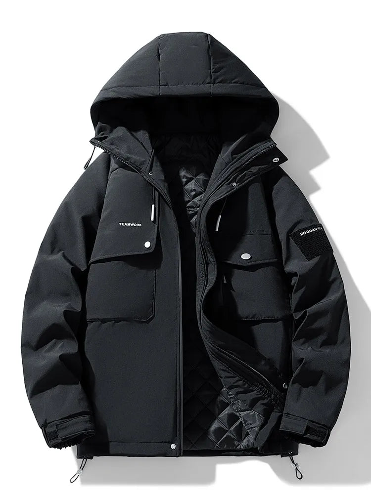 Black winter jacket with multiple pockets and a hood on a white background