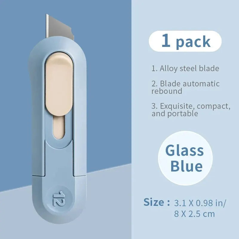 Compact mini box opener and paper cutting knife in a portable design for unboxing, stationery, and wallpaper cutting tasks blue