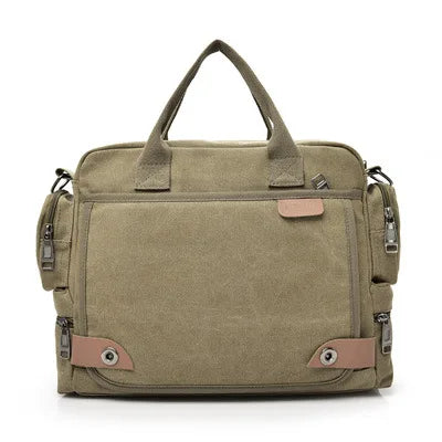 Khaki canvas bag with brown accents on a white background