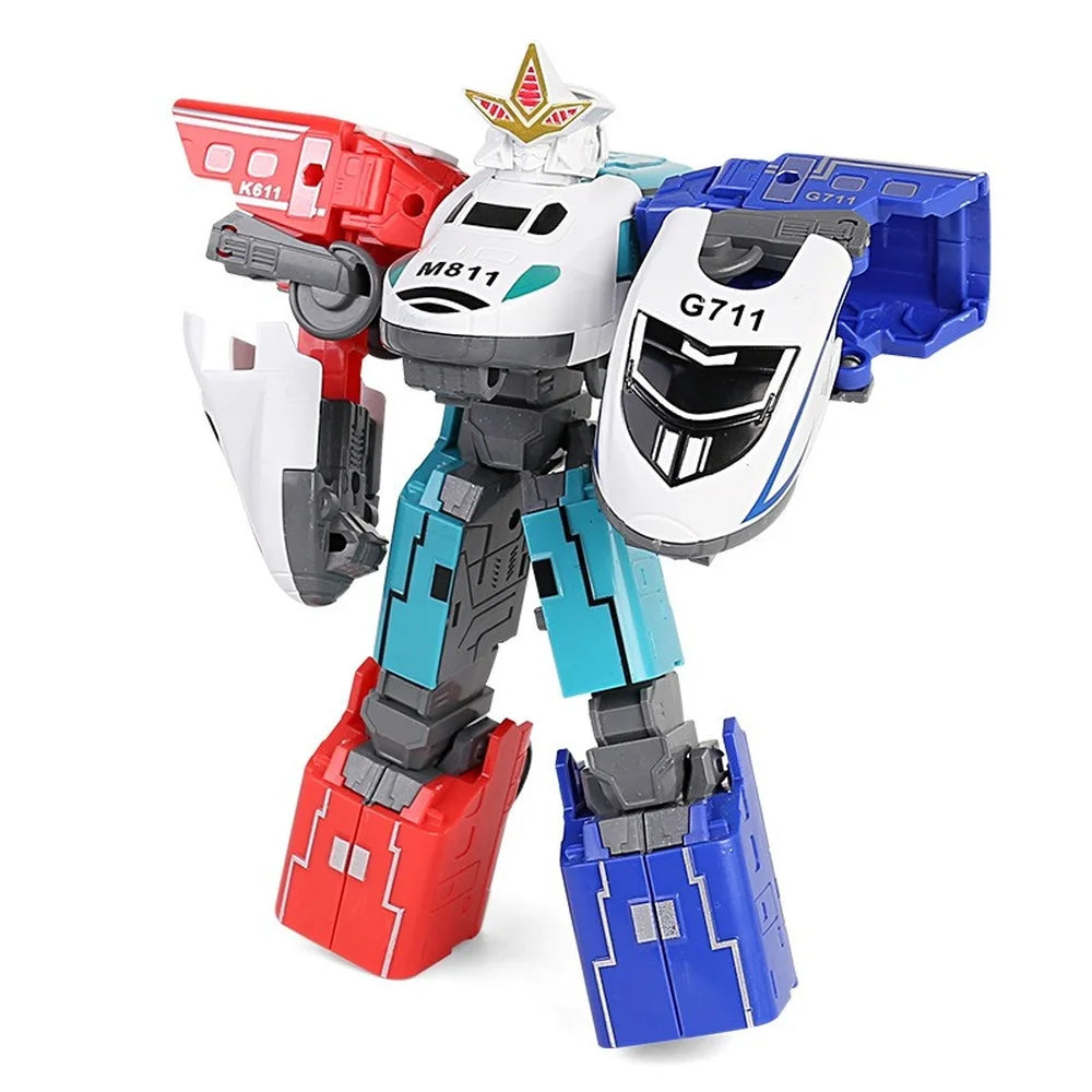 Toy robot with red, blue, and white colors on a white background