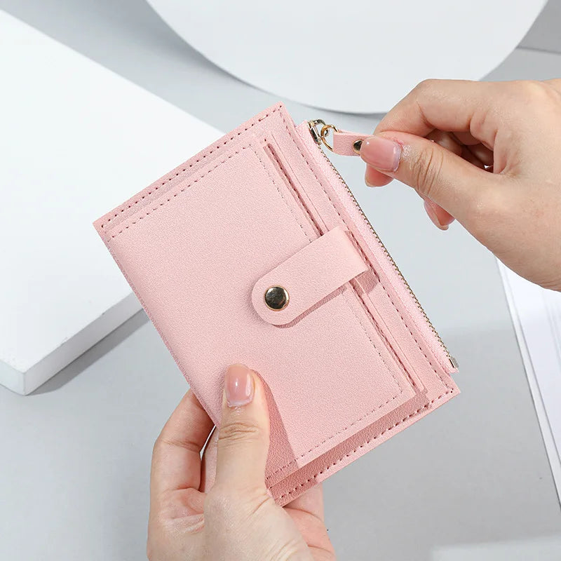 Women's PU leather mini wallet with zipper, hasp, and multi-card slots - pink