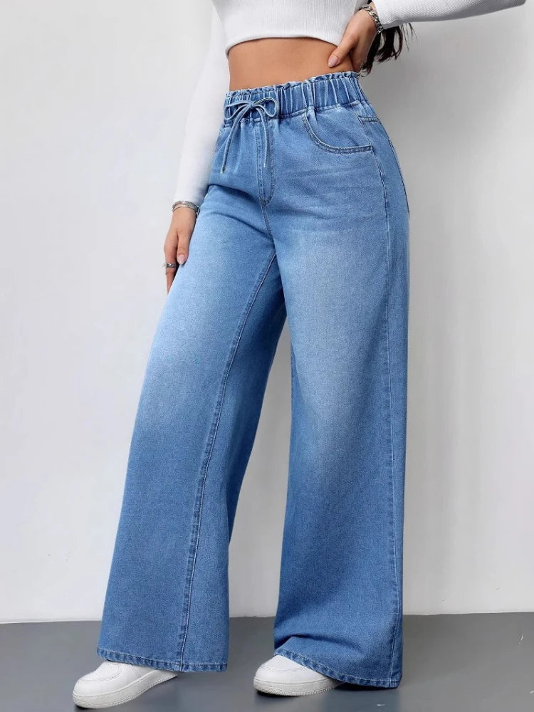 Jeans Women Denim Pant Floor Length Pants High Waist Straight Trousers Y2k Streetwear Vintage Elegant Splice Work Casual Loose